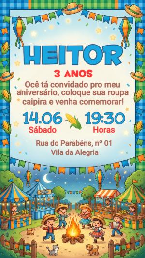 Convite Festa Junina Infantil Colorido para Editar Online