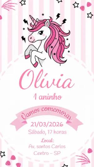 Convite de Aniversário Unicórnio Rosa com Brilho para Editar