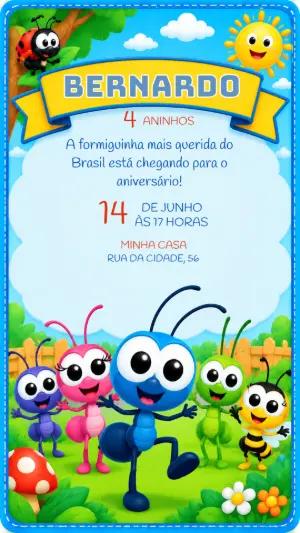 Convite de Aniversário Bob Zoom Editável Tema Formiguinha
