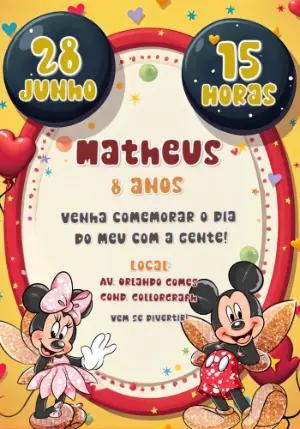 Convite de Aniversário Mickey e Minnie Mouse para Editar Online