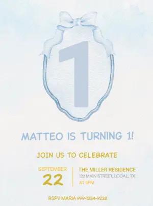 Editable Boy's 1st Birthday Invitation with Blue Watercolor Bow