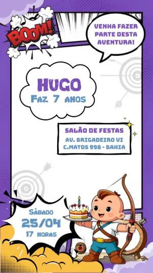 Convite de Aniversário Herói Arqueiro Quadrinhos Editável