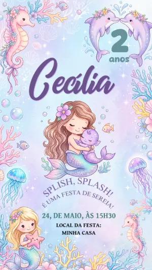 Convite de Aniversário Sereia Aquarela Fofa para Editar