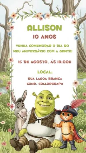 Convite de Aniversário Shrek com Personagens para Editar Online