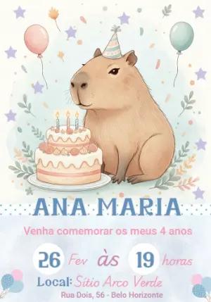 Convite de Aniversário Capivara Fofa em Aquarela para Editar