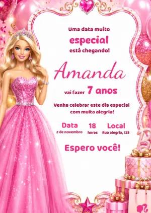 Convite de Aniversário Barbie Princesa Rosa para Editar