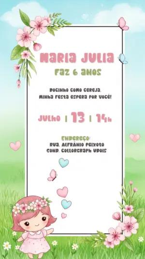 Convite Aniversário Bonequinha com Flores para Editar Online