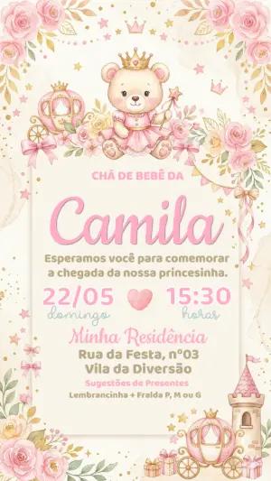 Convite Chá de Bebê Ursinha Princesa Rosa e Dourado Editável