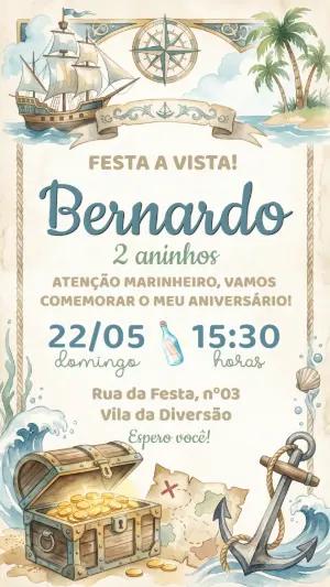Convite de Aniversário Infantil Pirata Aquarela Editável