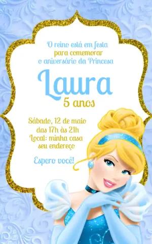 Convite de Aniversário Cinderela Azul e Dourado Editável