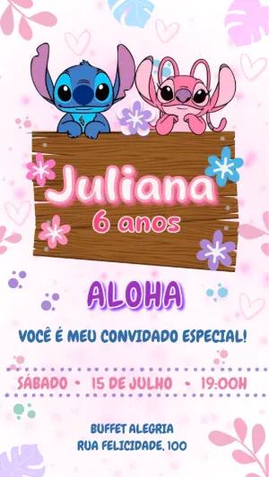 Convite de Aniversário Stitch e Angel Rosa Editável