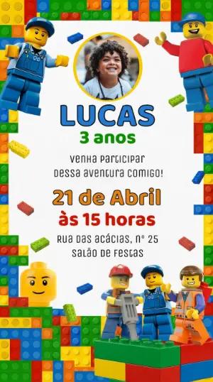 Convite de Aniversário LEGO Colorido com Foto para Editar
