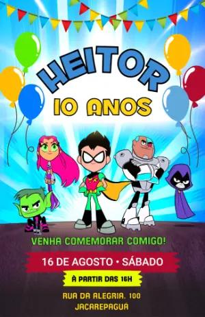 Convite de Aniversário Teen Titans Go! Colorido para Editar