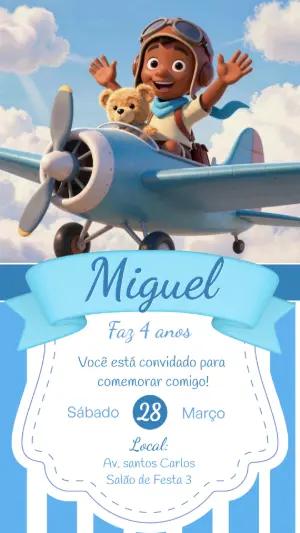 Convite de Aniversário Aviador Infantil para Editar