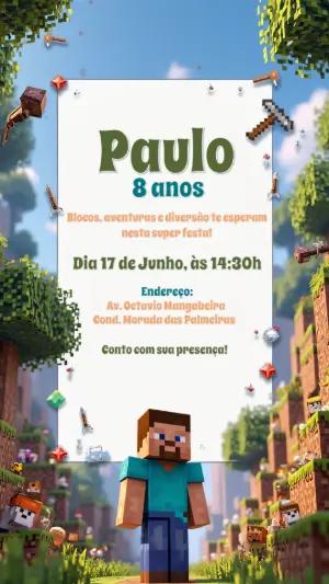 Convite de Aniversário Minecraft com Steve para Editar Online