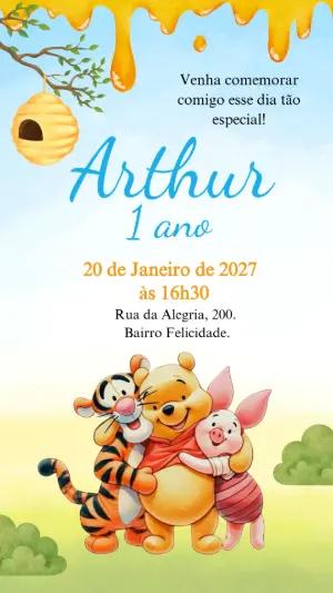 Convite Animado Aniversário Ursinho Pooh Aquarela para Editar