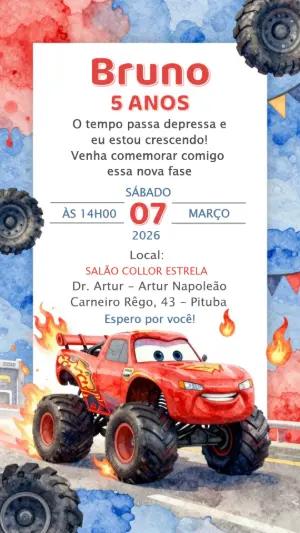 Convite de Aniversário Infantil Carro Monstro para Editar