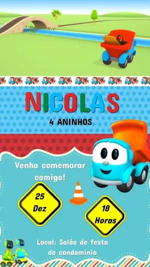 Convite Animado Aniversário Infantil Tema Caminhões para Editar