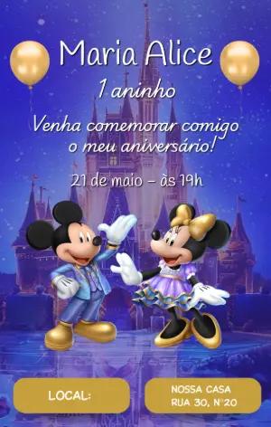 Convite de Aniversário Mickey e Minnie Castelo Mágico Editável