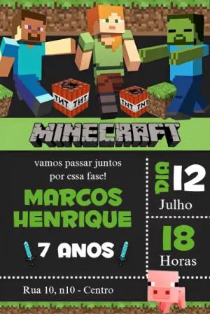 Convite Aniversário Minecraft com Personagens para Editar Online