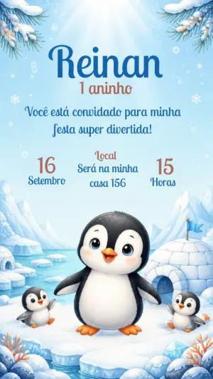 Convite de Aniversário Pinguim Fofo para Editar