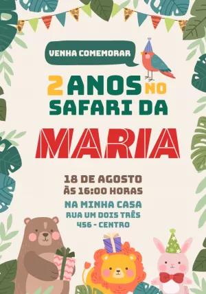 Convite Aniversário Safari com Animais Fofos para Editar Online