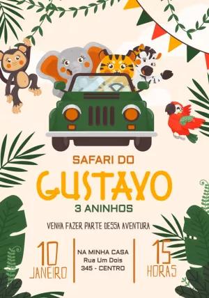 Convite Aniversário Safari com Animais para Editar Online