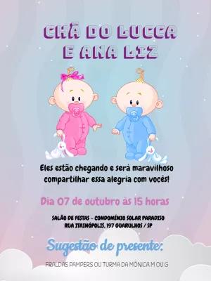 Convite Chá de Bebê Gêmeos Menino e Menina para Editar Online