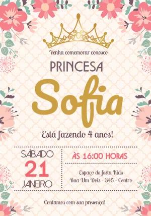 Convite de Aniversário Princesa Coroa Dourada Editável Online
