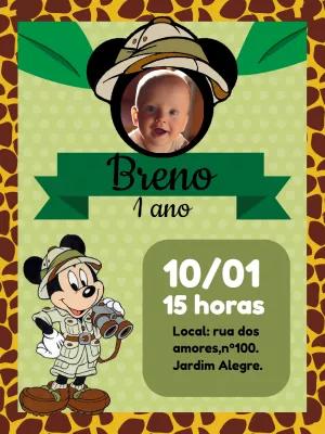 Convite Aniversário Mickey Safari com Foto para Editar Online