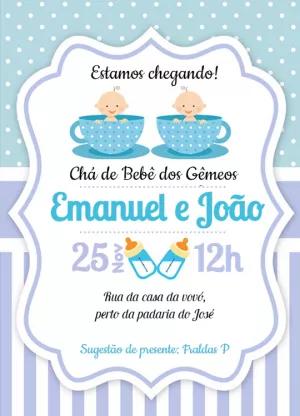 Convite Chá de Bebê Gêmeos Azul para Editar Online