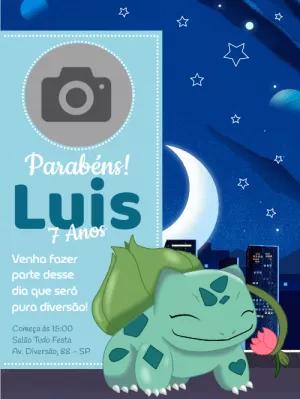 Convite de Aniversário Pokémon Bulbasaur com Foto para Editar