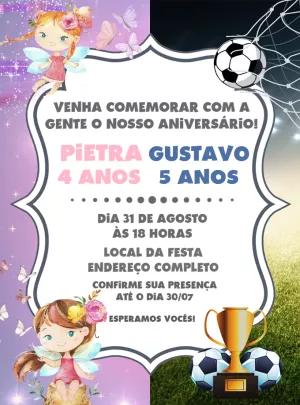 Convite Aniversário Duplo Fadas e Futebol para Editar Online