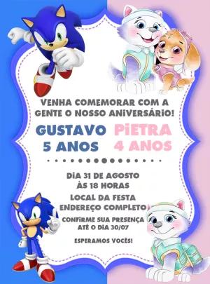 Convite Aniversário Duplo Sonic e Patrulha Canina para Editar