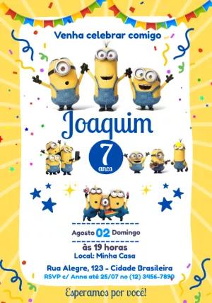 Convite de Aniversário Minions para Editar e Enviar Online
