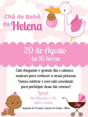 Convite Chá de Bebê Menina Negra com Cegonha para Editar Online