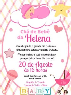 Convite Chá de Bebê Menina Rosa com Bebê na Nuvem para Editar