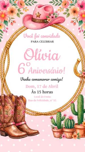 Convite de Aniversário Boiadeira Rosa Country Editável