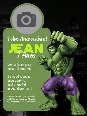 Convite Aniversário Incrível Hulk com Foto para Editar Online
