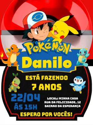 Convite de Aniversário Pokémon com Ash e Pikachu para Editar