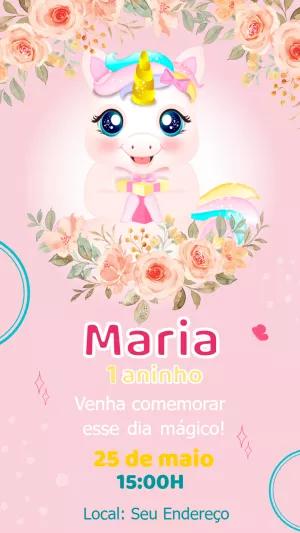 Convite de Aniversário Unicórnio Fofo para Editar Online