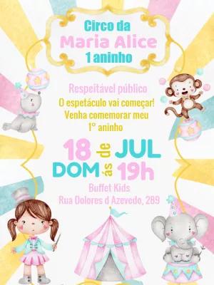 Convite Aniversário Circo Rosa para Menina para Editar Online