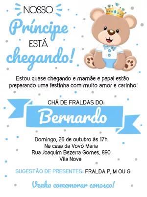 Convite Chá de Bebê Ursinho Príncipe para Editar Online