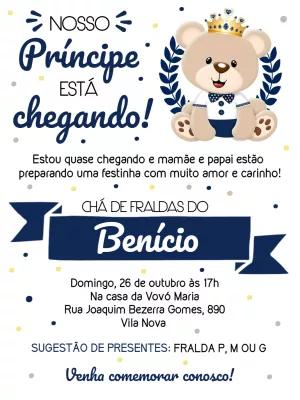 Convite Chá de Fraldas Ursinho Príncipe para Editar Online