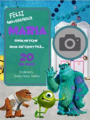 Convite Aniversário Monstros S.A. com Foto para Editar Online