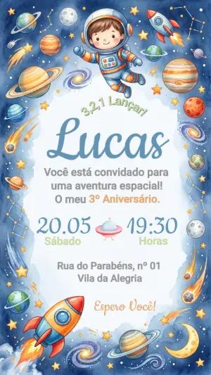 Convite de Aniversário Astronauta Infantil Editável