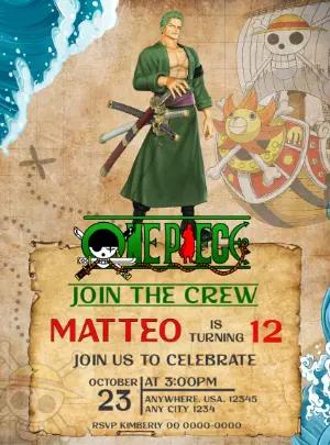 One Piece Zoro Birthday Invitation Editable Template