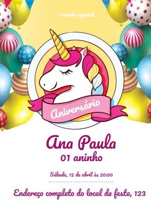 Convite de Aniversário Unicórnio Mágico para Editar Online