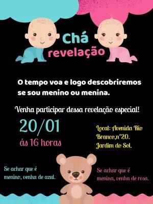 Convite Chá Revelação com Bebês e Ursinho para Editar Online