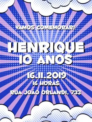 Convite de Aniversário Pop Art Estilo Quadrinhos para Editar
